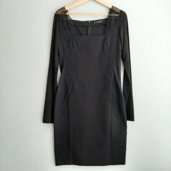 DONNA KARAN \ Italy Long Sleeve LBD Black Lace Detail Dress Sz 8 - Picture 2 of 16